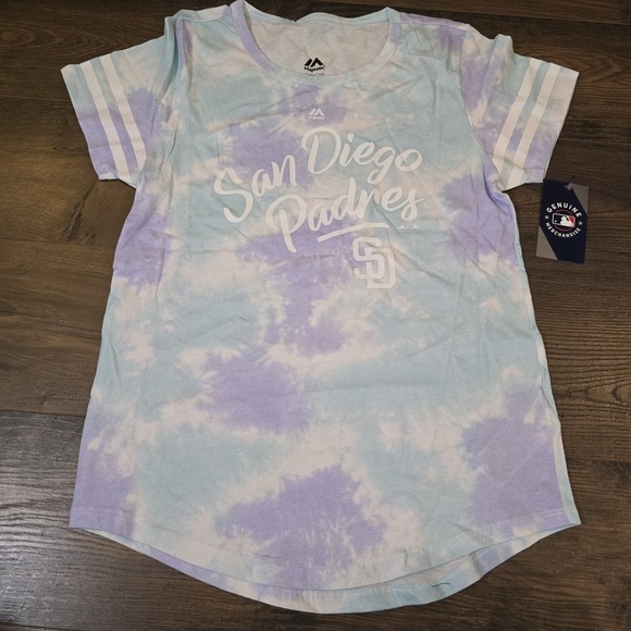 San Diego Padres Tie Dye Womens Short Sleeve M Majestic NWT Blue Green - Picture 2 of 6